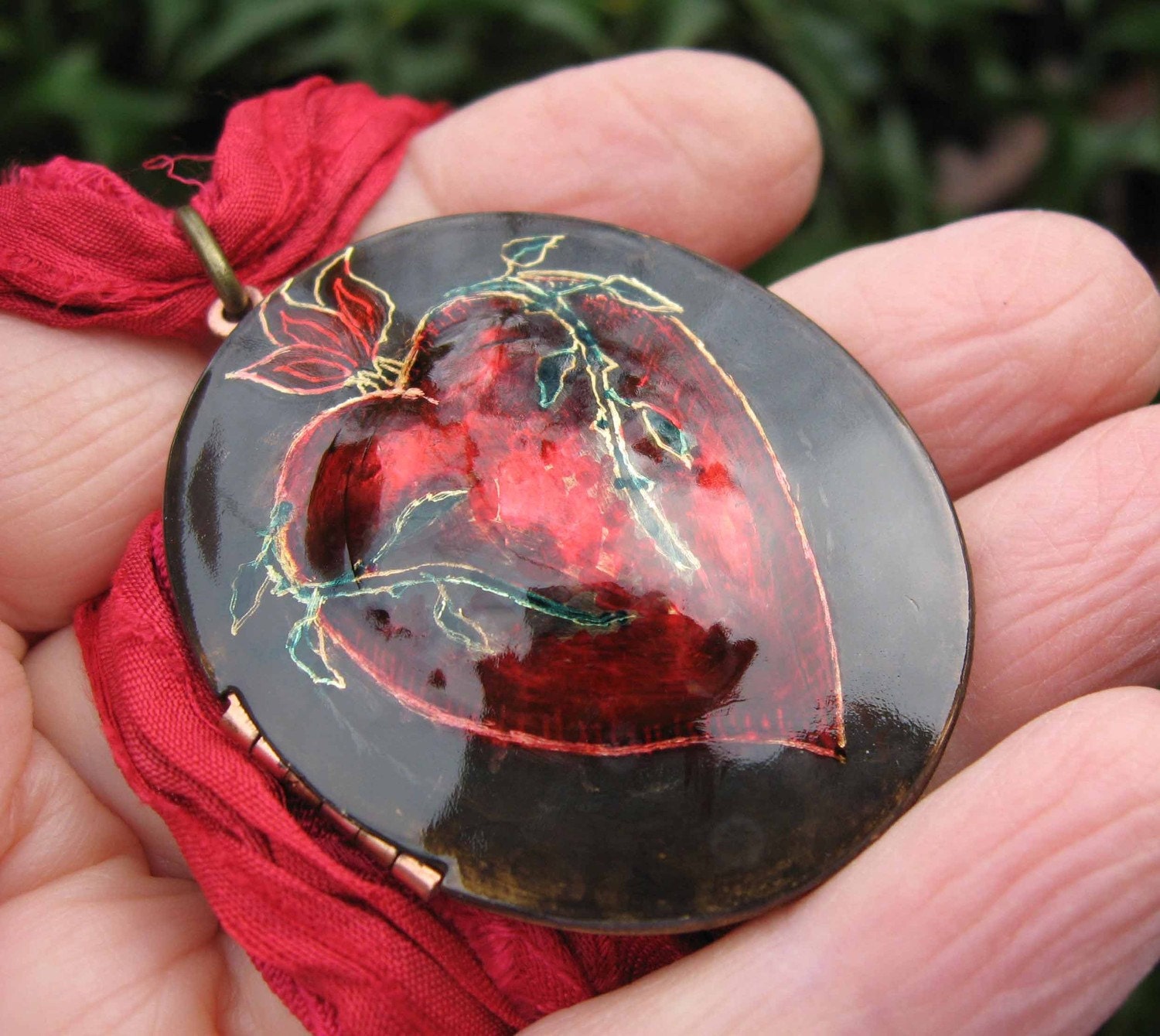 Engraved Sacred Heart locket version six comes w/ silk sari ribbon