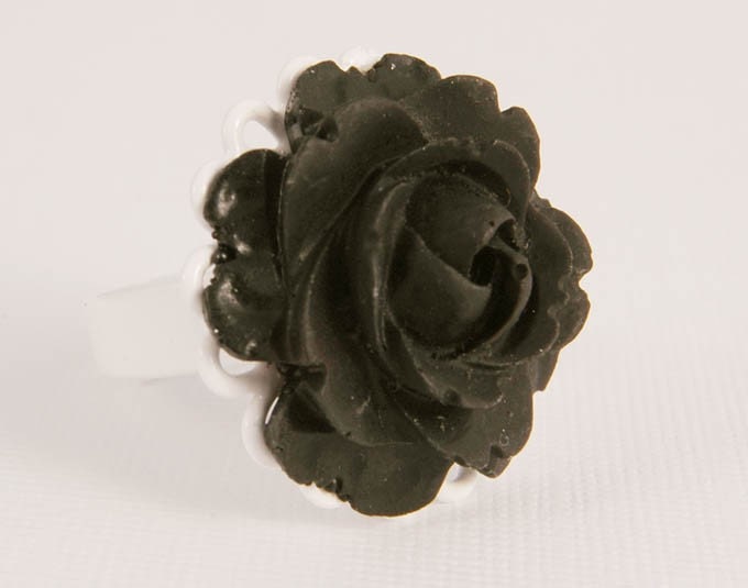Adjustable Ring Black Rose White Filigree Hand Accessory Gifts for Girl Her