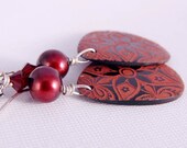 Pearl Dangle Earrings, Shell Teardrops, Burgundy Tribal Boho Chic Jewelry Gifts for Her Under 25