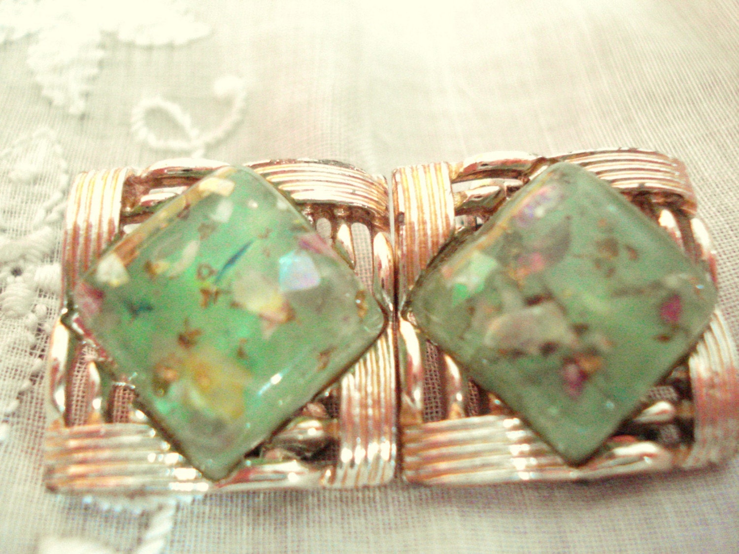Lime Green Luscious Coro 1950s Vintage Lucite Confetti Earrings