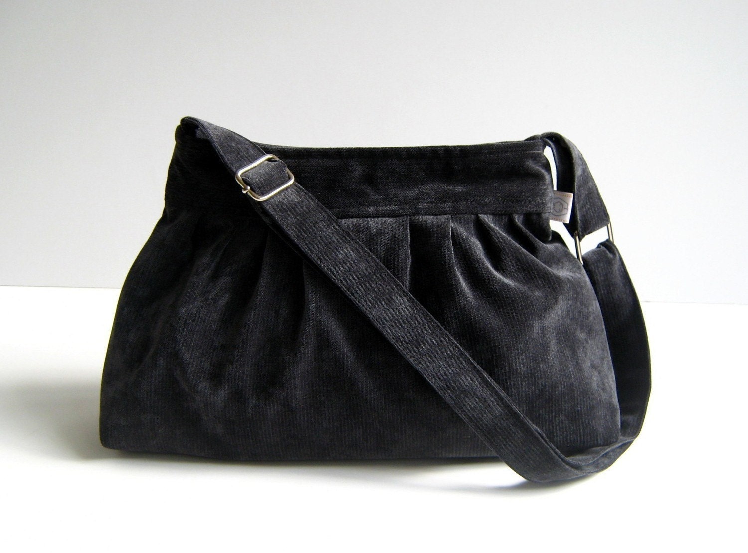 Perry in Silver Black Velvet -Small- --adjustable strap and top ZIPPERED CLOSURE --
