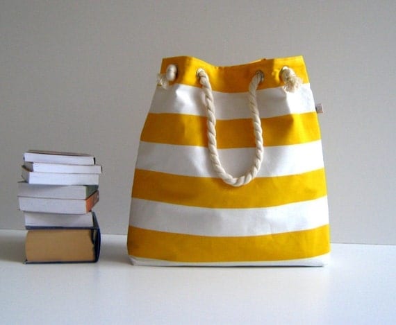 Sailor Tote Bag --for market or beach or gym-- -yellow and white bold striped, X-Large and cotton rope straps-