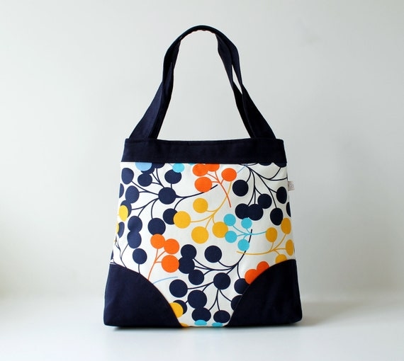 Carnival Tote Bag in Floral Dots - dark blue, turquoise, yellow, orange - Top ZIPPERED Closure / Summer Fashion / Shoulder Bag Travel Large