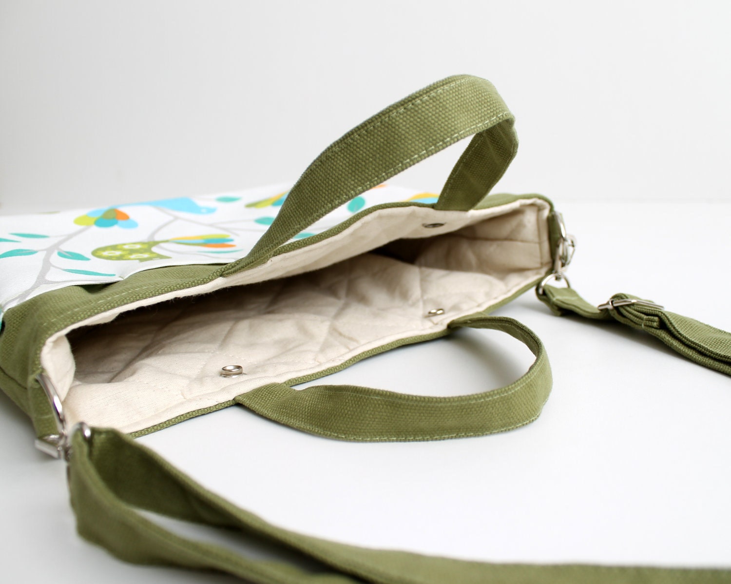 SALE Mini Laptop Bag in Olive Green Little Rainbow Birds / Macbook / Ipad / Outside Pocket