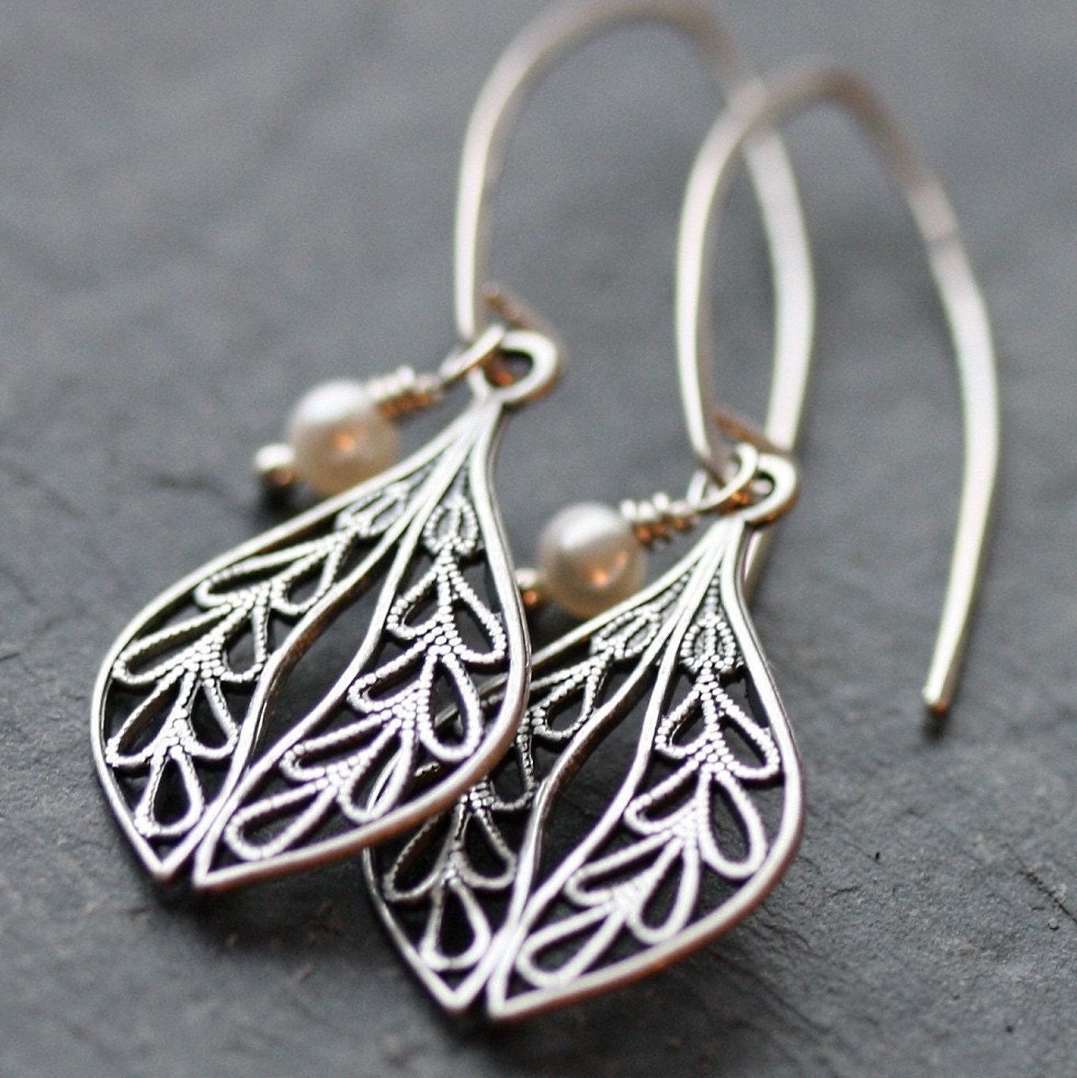 Silver Filigree and Pearl Earrings with Sterling Silver Earwires