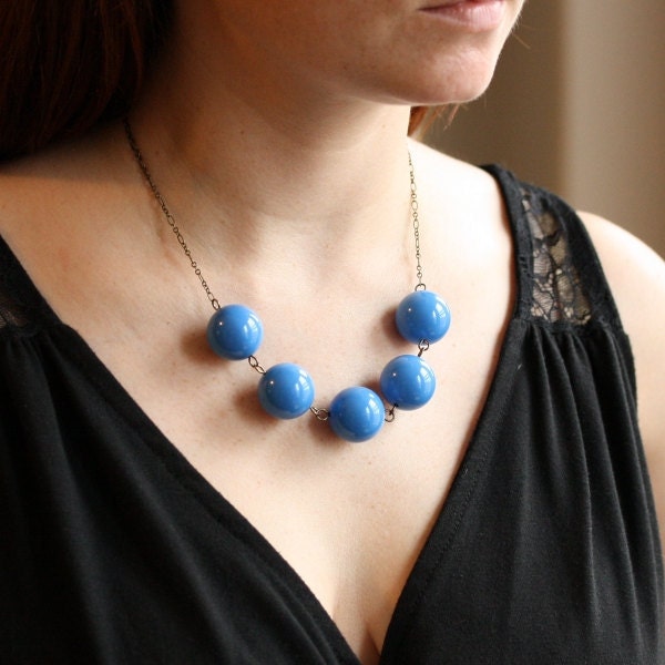 Cornflower Blue Chunky Necklace with Vintage Lucite Beads