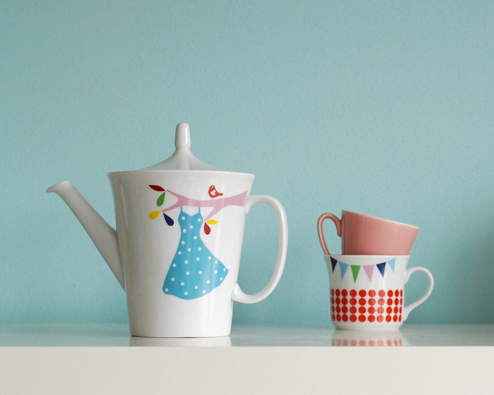 EXTRA SALE Large polkadot dress on a branch teapot