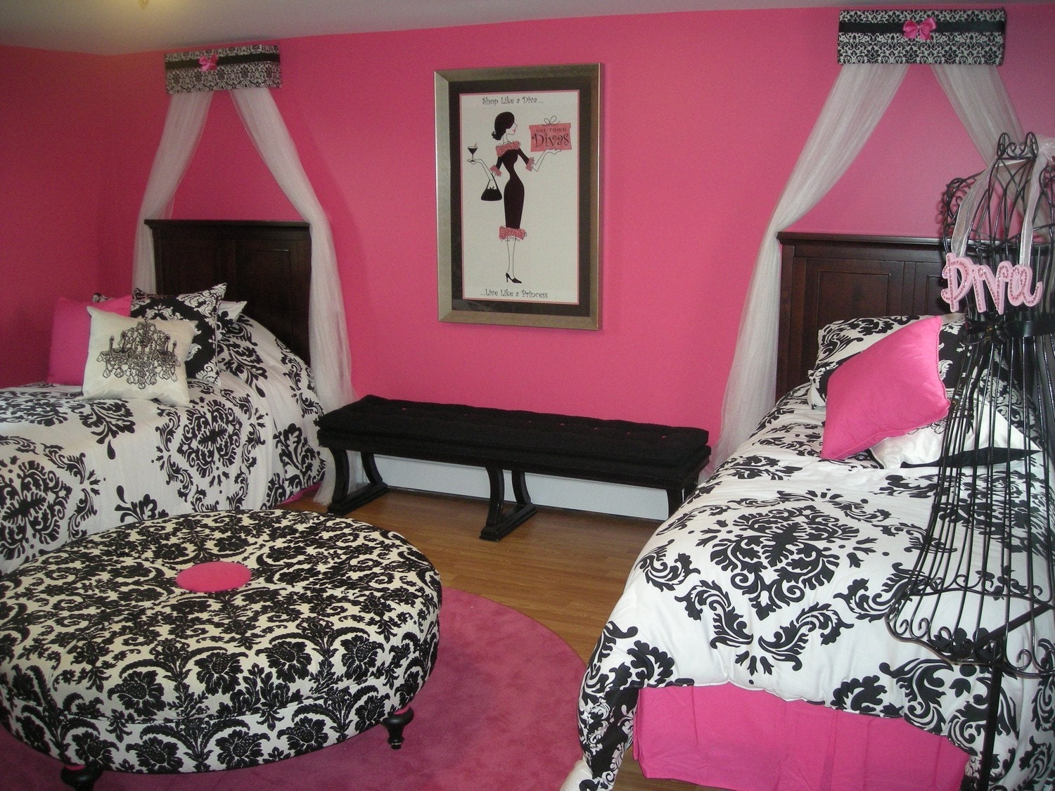 TWIN Bed Canopies Matching Sisters Princess Paris DAMASK Upholstered TWO Black White Hot pink Bow SaLe