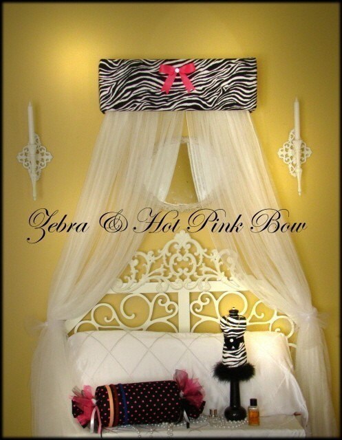 Zebra hot pink Bed Canopy CROWN Princess and Netting Bow Padded