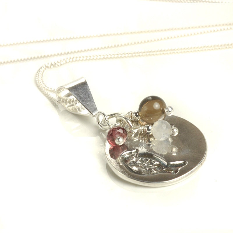 Bird Pendant Necklace - Silver, Rhodolite Garnet, Moonstone and Smoky Quartz - UK