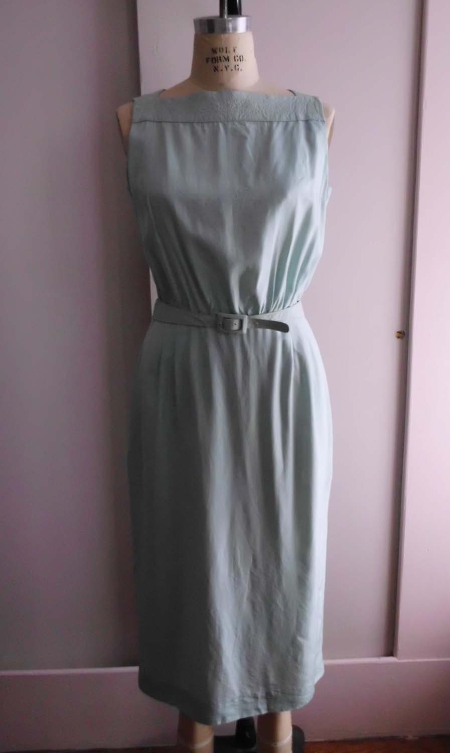 1960's Sleeveless Pale Blue Silk Dress With Belt