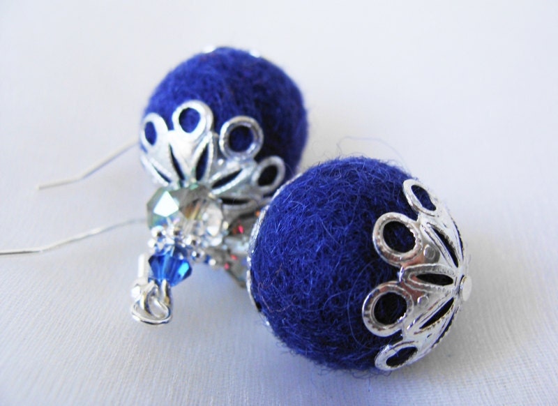 Felt Crystal Earrings Felted Indigo Blue