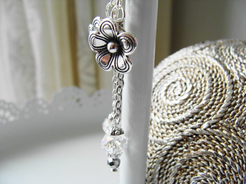 Dangle Flower Earrings, Czech Glass, Crystal and Silver  Flowers