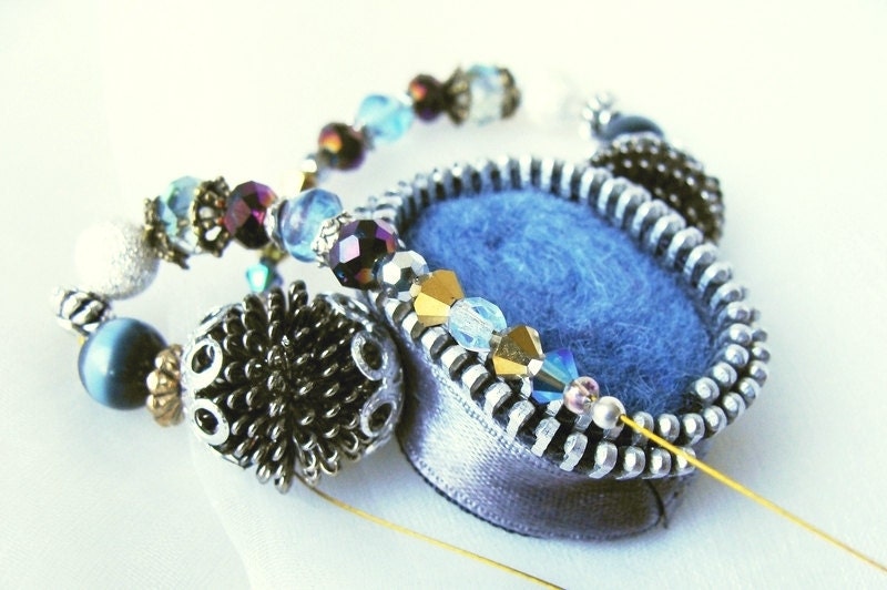 Felt Necklace,  Zipper Necklace, Statement Necklace, Wire Wrap Necklace, Czech Glass, Blue Charcoal Necklace