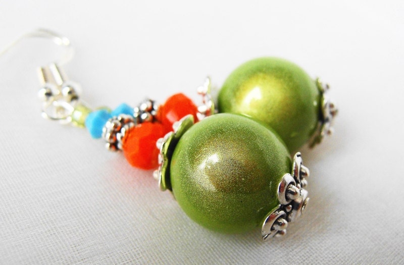 Dangle Earrings, Czech Glass, Fashion  Earrings, Lime Green, Orange,Turquoise