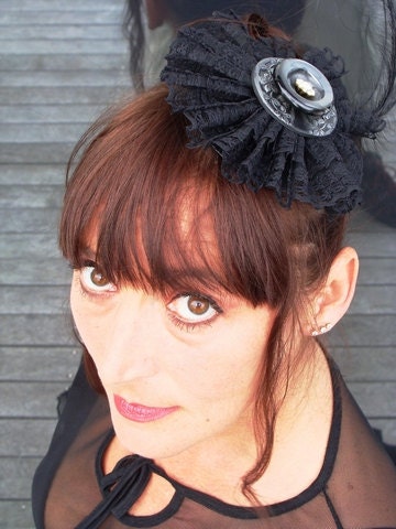 Fascinator, Hair Piece, Black, Hair Comb,Feather,  Vintage Buttons, Lace, Statement, Cocktail Hat