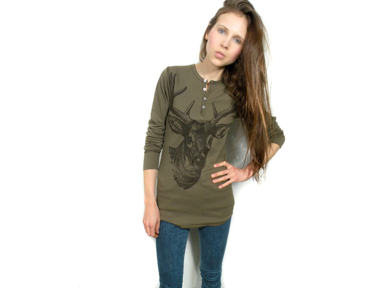 Deer shirt long sleeve print thermal henley top S/M/L