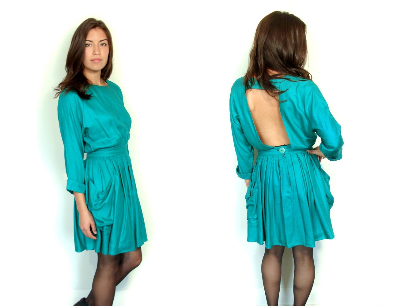 Green dress vintage open back mini Small / Medium