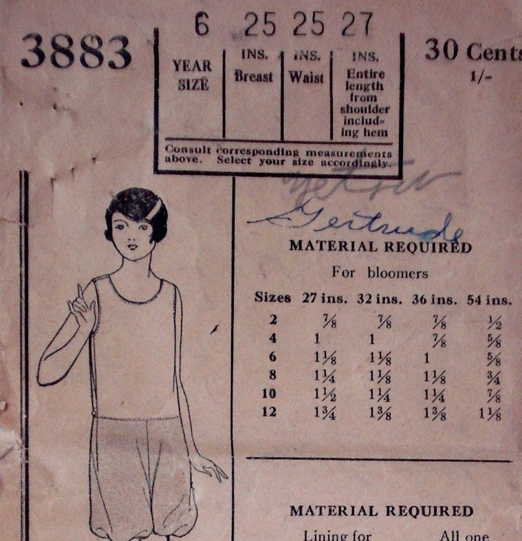 Vintage 1920s Bloomers Pattern Pictorial Review 3883 Child Size 6