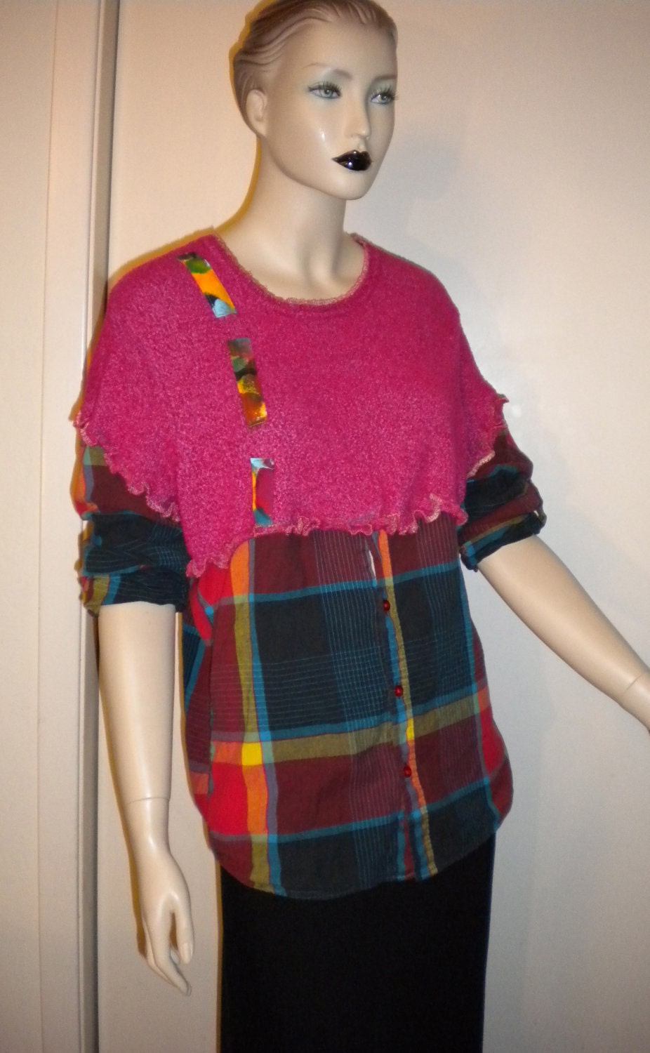 Womans  Sweater Button Top Hand Painted Applique Pink Red Blue Yellow Stripes Plaid Cotton Recycled Fabrics Art