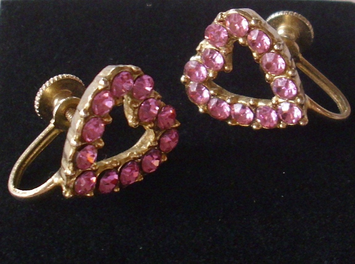 Pink Hearts Vintage signed Coro Rhinestone Earrings
