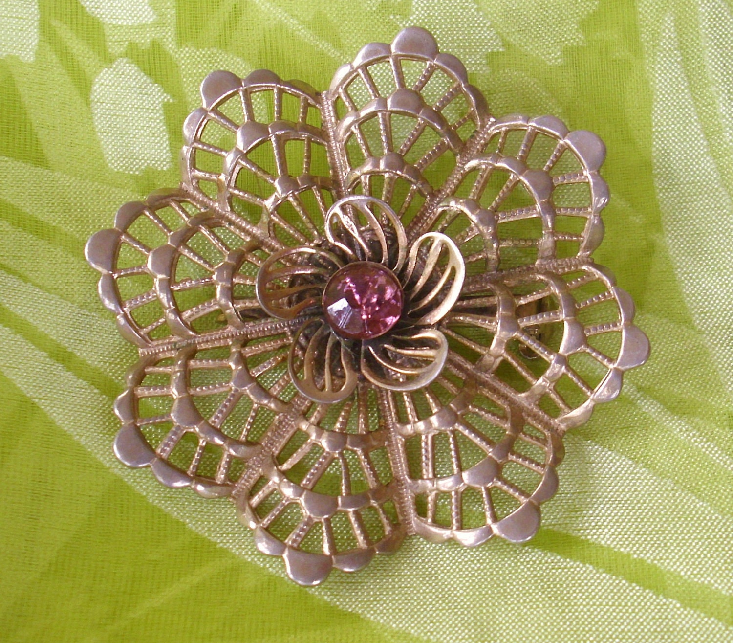 Antique Lacey Flower with Purple Rhinestone Pin Brooch