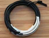 READY TO SHIP Handmade Black Leather Cord Bangles With Silver Plated Tubes