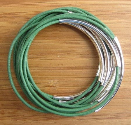 Mint Green Leather Cord Bangles With Silver Plated Tubes