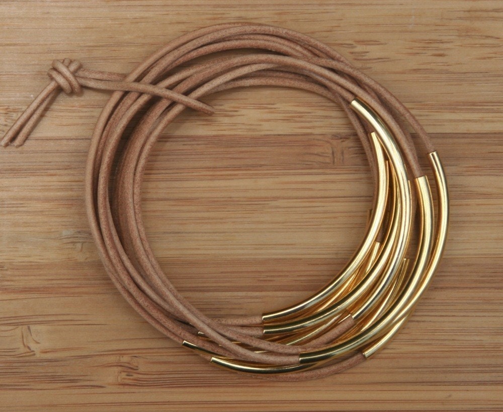 Nude Natural Leather Cord Bangles With Gold Plated Tubes