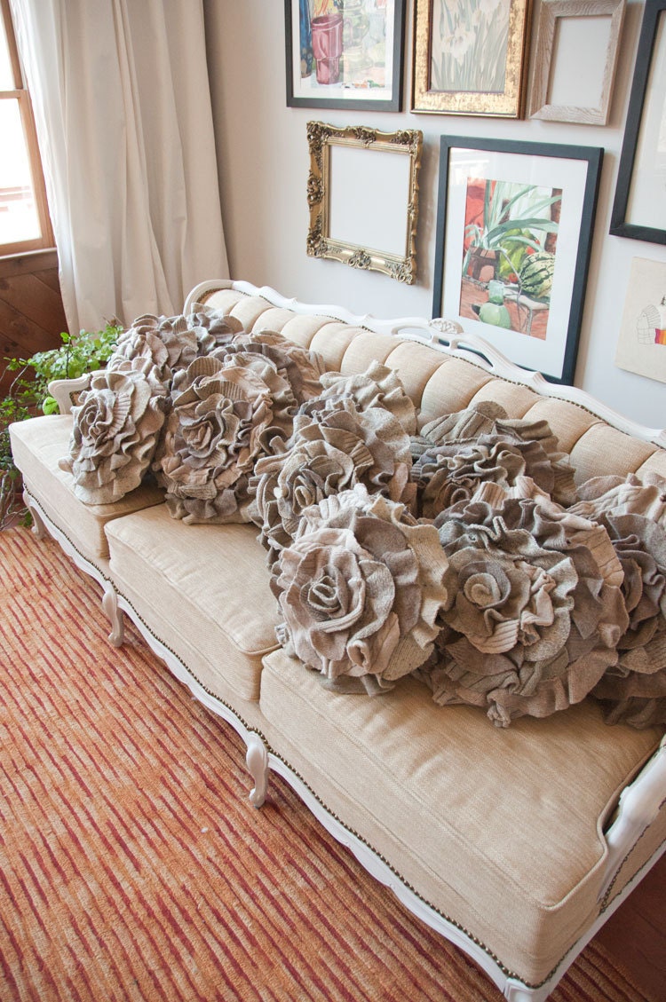 Tan Taupe Mix Ruffle Rose Pillow - Large