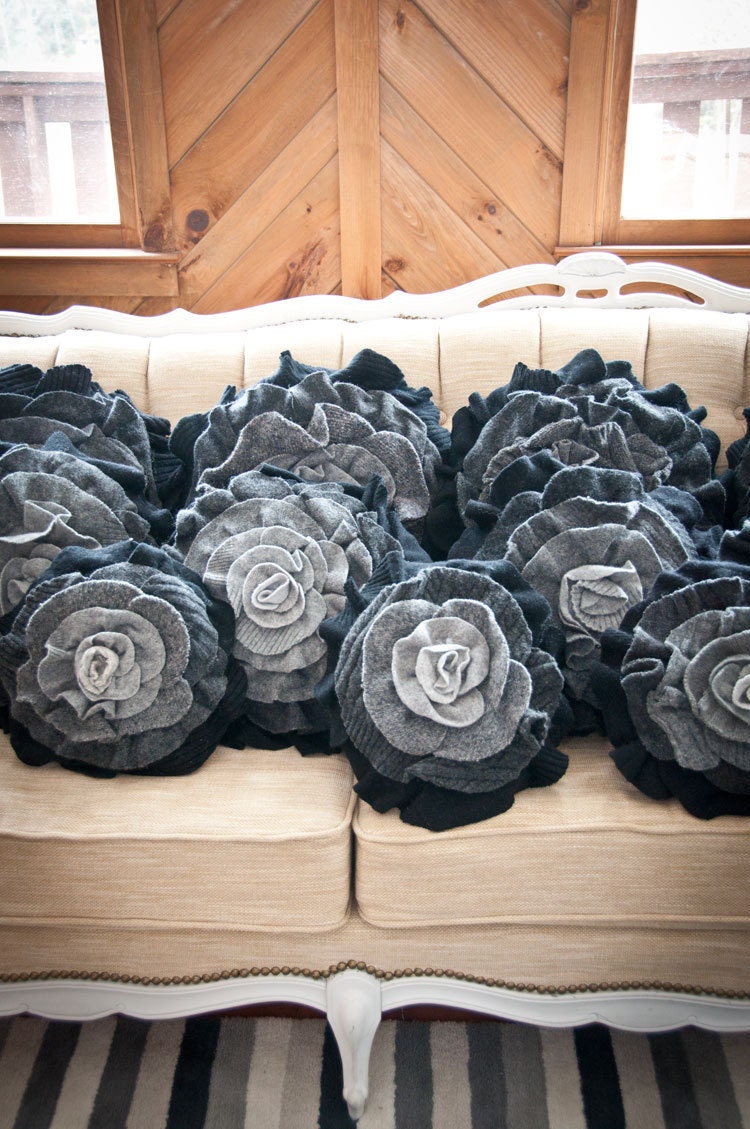 Charcoal Gray Ombre Ruffle Rose Pillow - Medium