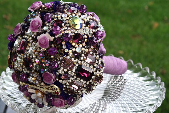 Bridal brooch bouquet DAZZLING PURPLE II - wedding keepsake made with vintage rhinestone brooches, earrings and more