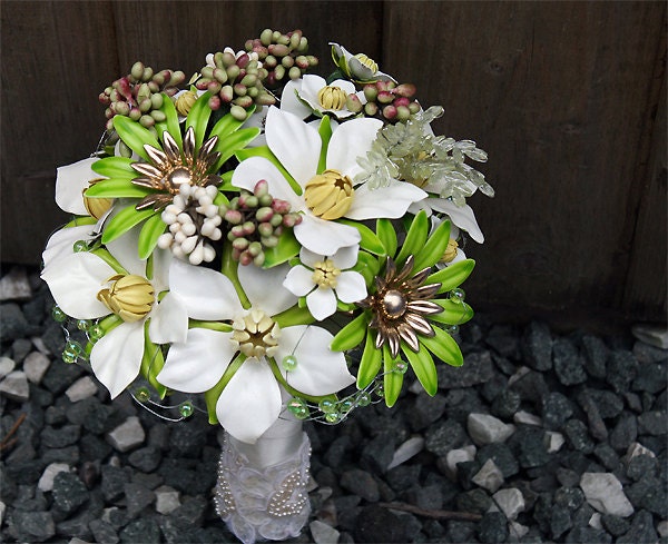 The Rite of Spring II - Vintage designer Brooch Bouquet in Green and White