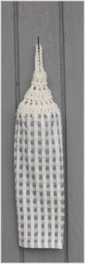 Hanging Kitchen Towel Olive Green Stripes on White Looped No Button