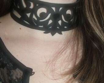 Victorian Gothic Black Leather  Choker - Filigree Design