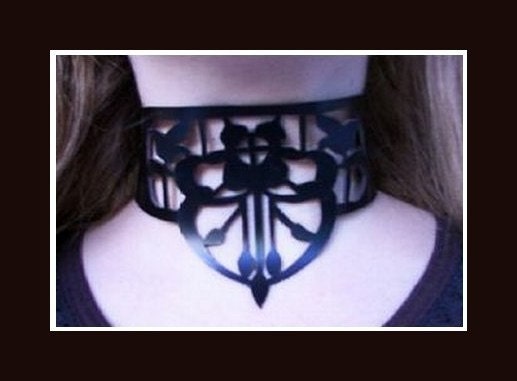 Black Art Deco Choker -  Filigree Carved Leather