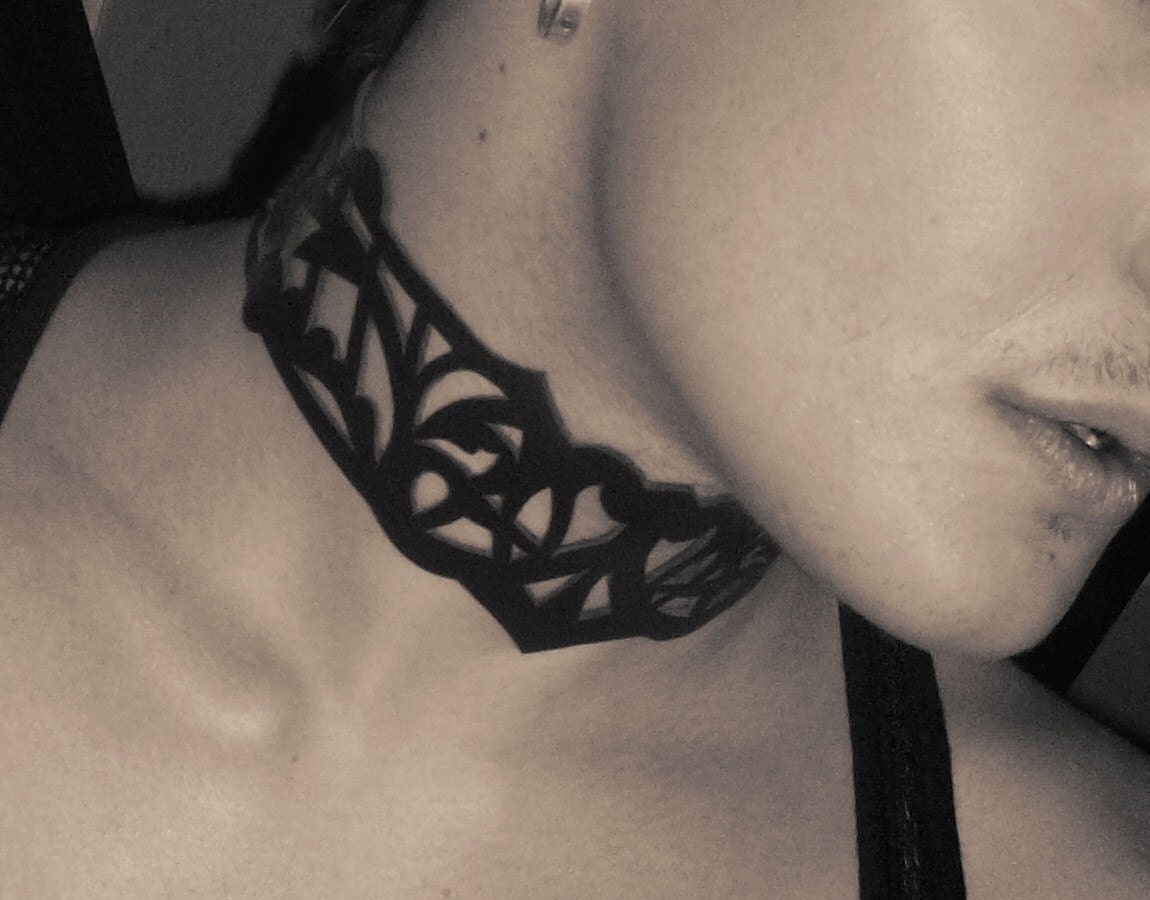 BDSM Black Leather Filigree Choker / Slave Collar - Sade Design