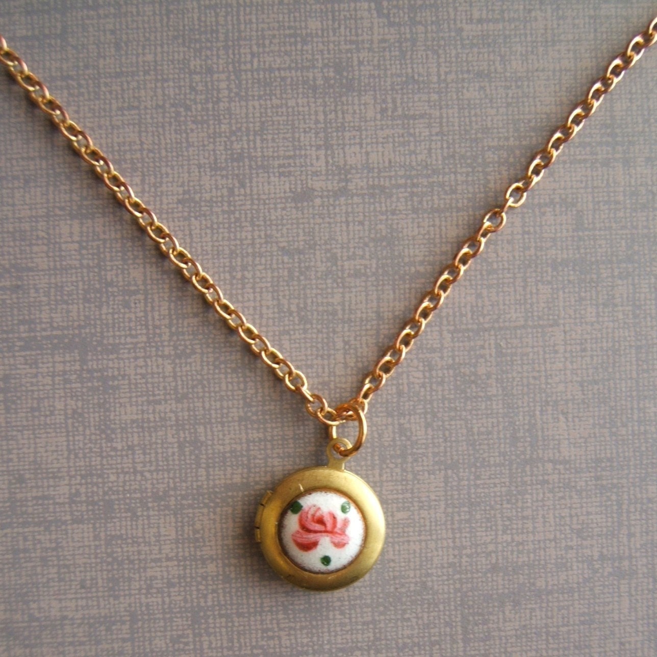 Locket Necklace Gold Brass Tiny Vintage enamel Guilloche Just Right for your Sweetheart