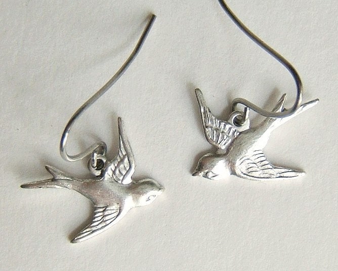 Bird Earrings silver Flying Sparrows dangles Sweet gift for her under 10 dollars by shesells
