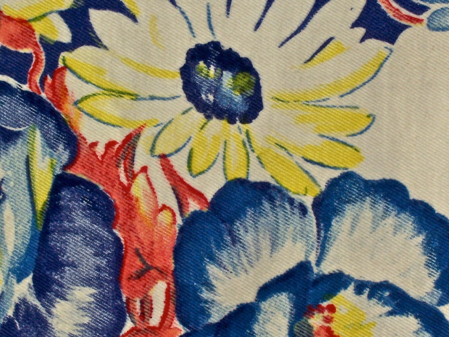 Vintage 1940s Kitchen Towel Floral Cotton Poppies Multi Color on Cream Real Vintage Hand Dyed