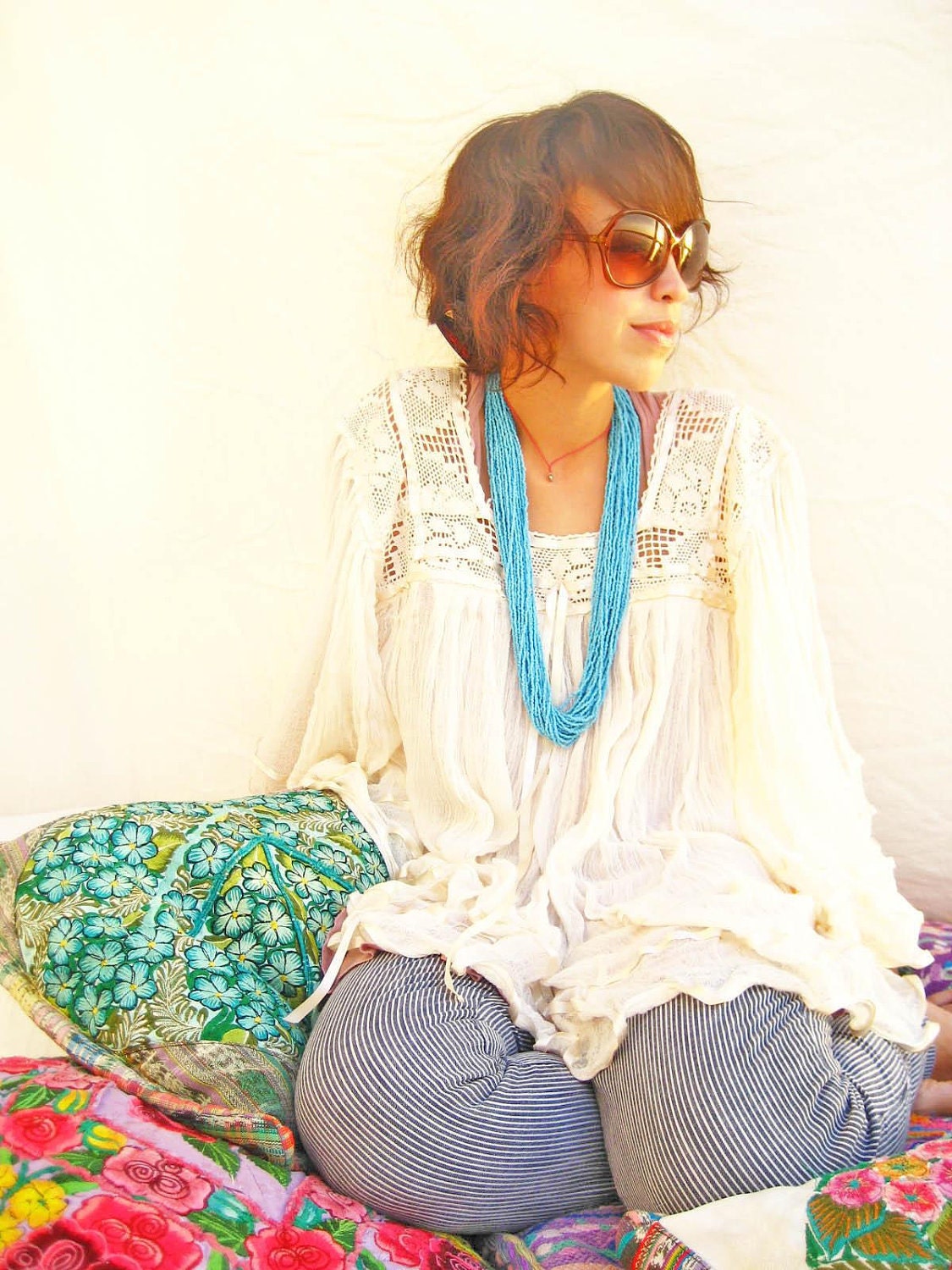 Natural Mexican vintage crochet tunic blouse lace butterfly bell sleeves