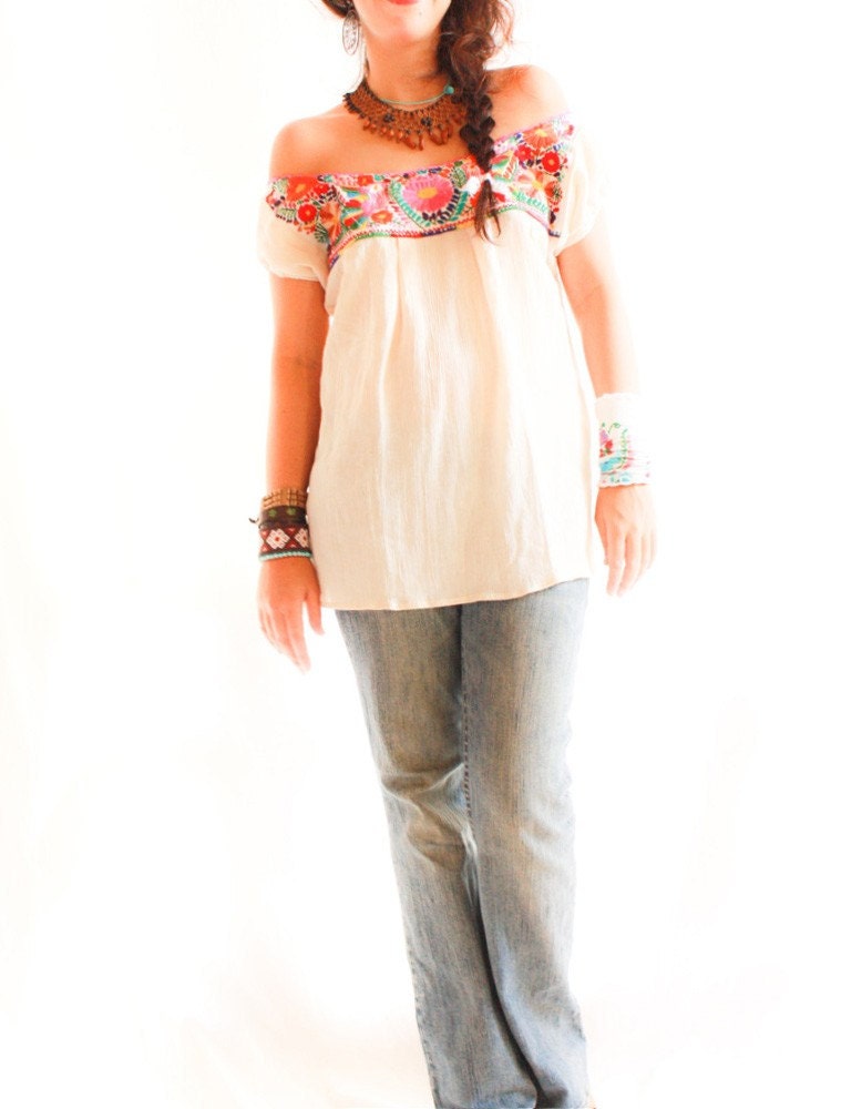 Los Pajaritos crocheted Off shoulder Mexican embroidered blouse mini dress