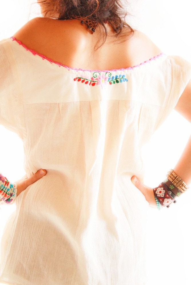 Los Pajaritos crocheted Off shoulder Mexican embroidered blouse mini dress