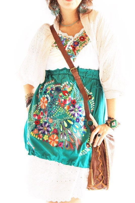 Peacock Mexican vintage embroidered bubble skirt deep teal
