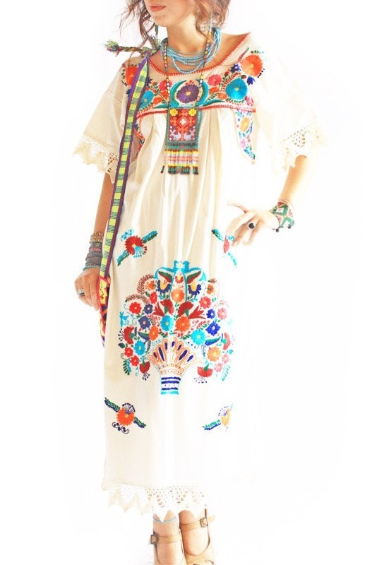 Vintage Romantic crochet lace Mexican embroidered wedding fiesta maxi dress
