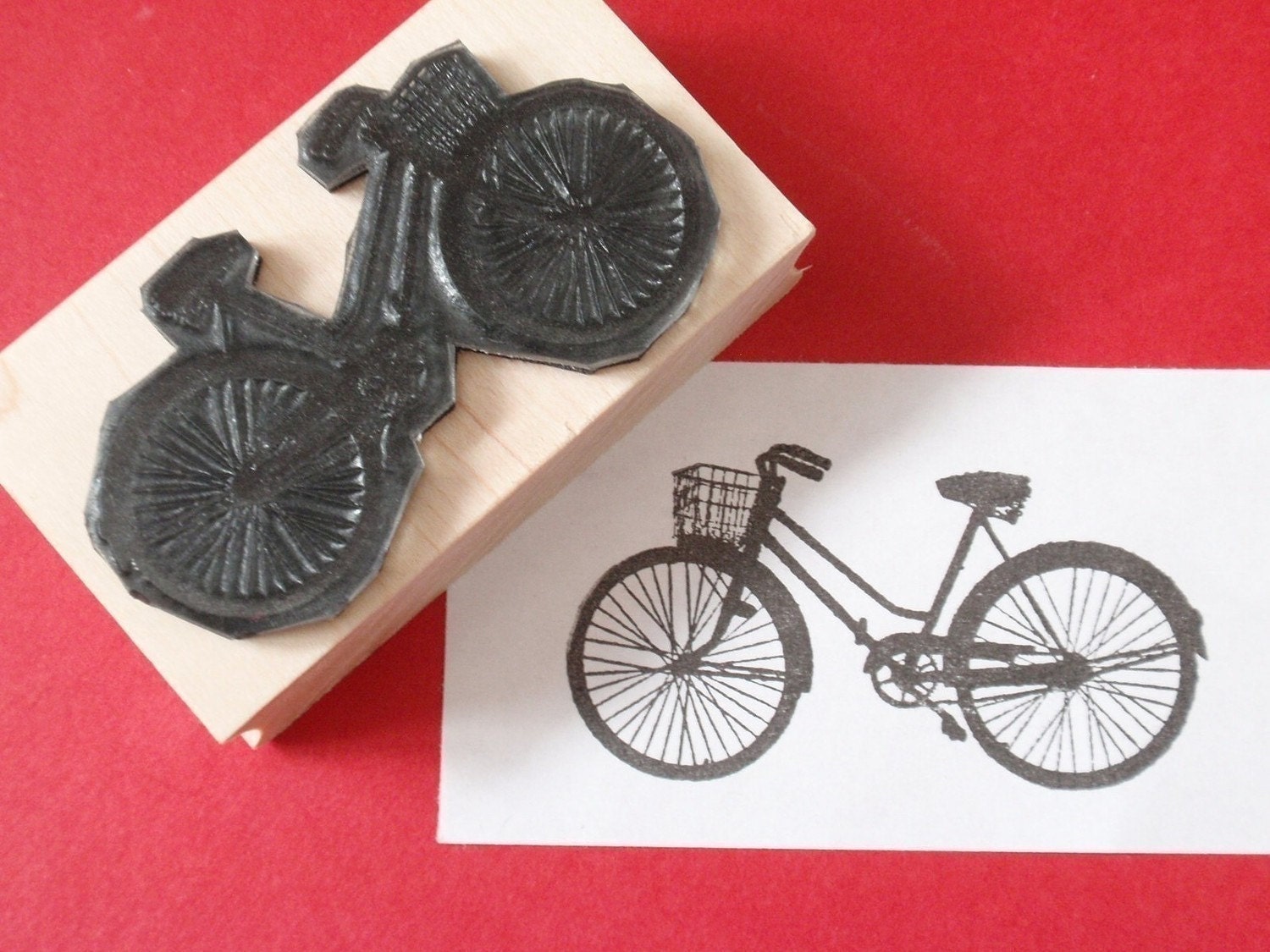 Bike with Basket Rubber Stamp Photopolymer - Sz LARGE -- Handmade by BlossomStamps