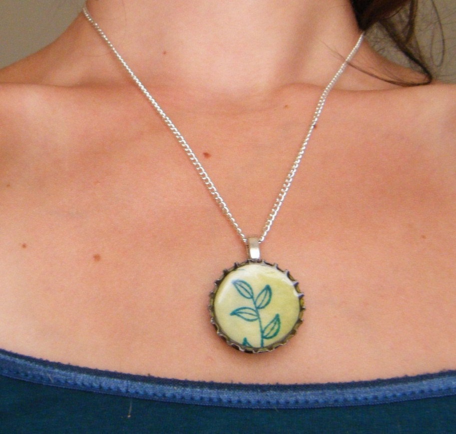 Recycled Bottlecap Resin Leaf Art Necklace Eco Fashion