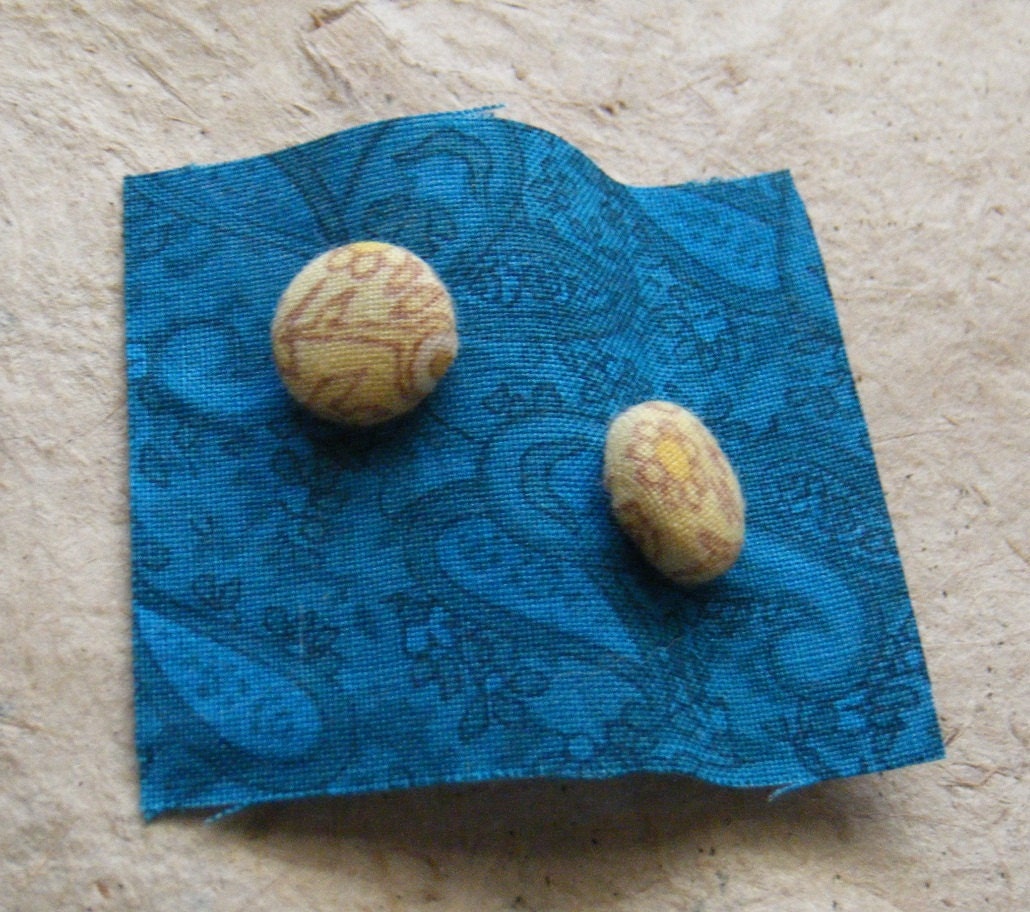 French Flower Fabric Button Post Earrings Yellow Hippie Style