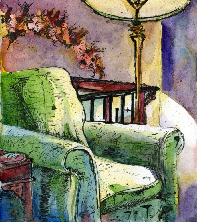Art Print - Comfy Chair - Reproduction of Watercolor and Ink Painting - Painting of an Interior