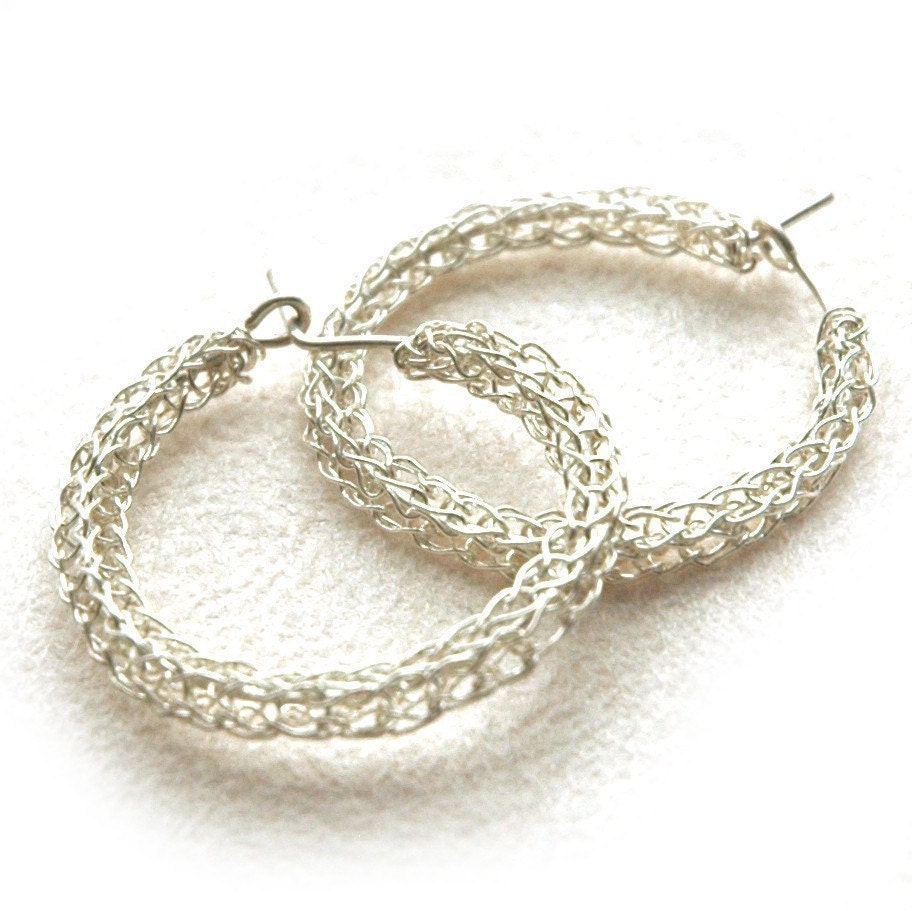 Sterling Silver HOOP earrings Unique crochet medium hoops Knitted hoop earrings Wire crochet jewelry yoola jewellery